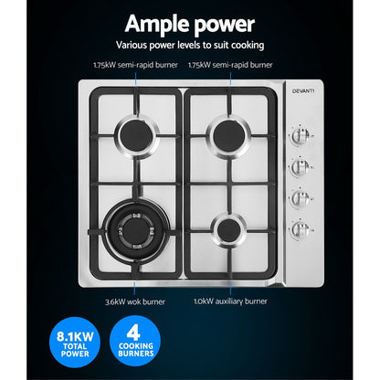 Devanti Gas Cooktop 60cm Stove Hob Silver