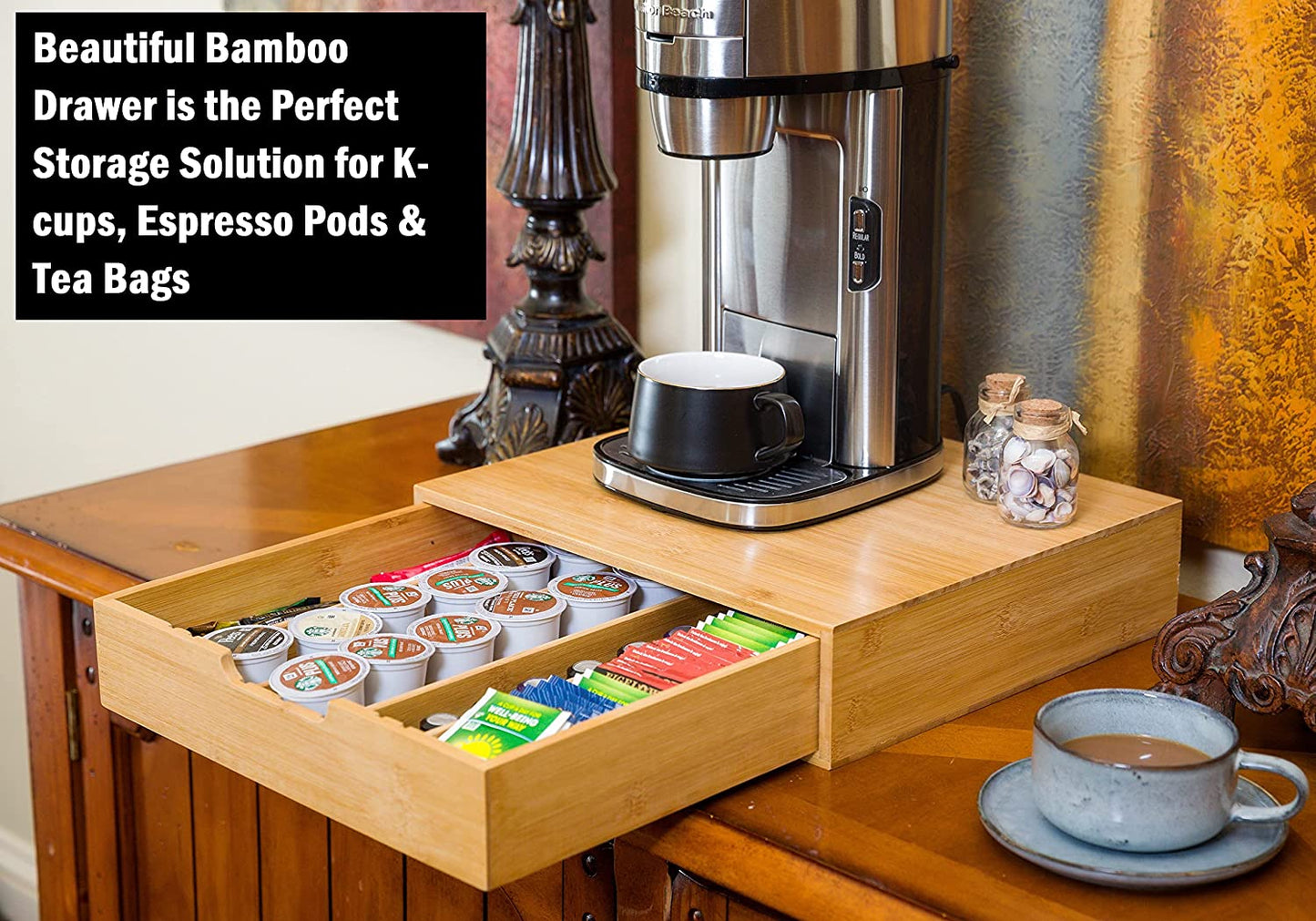 Bamboo K-Cup Coffee Pod Holder Storage Organizer  for Kitchen, Jewelry and Cosmetic