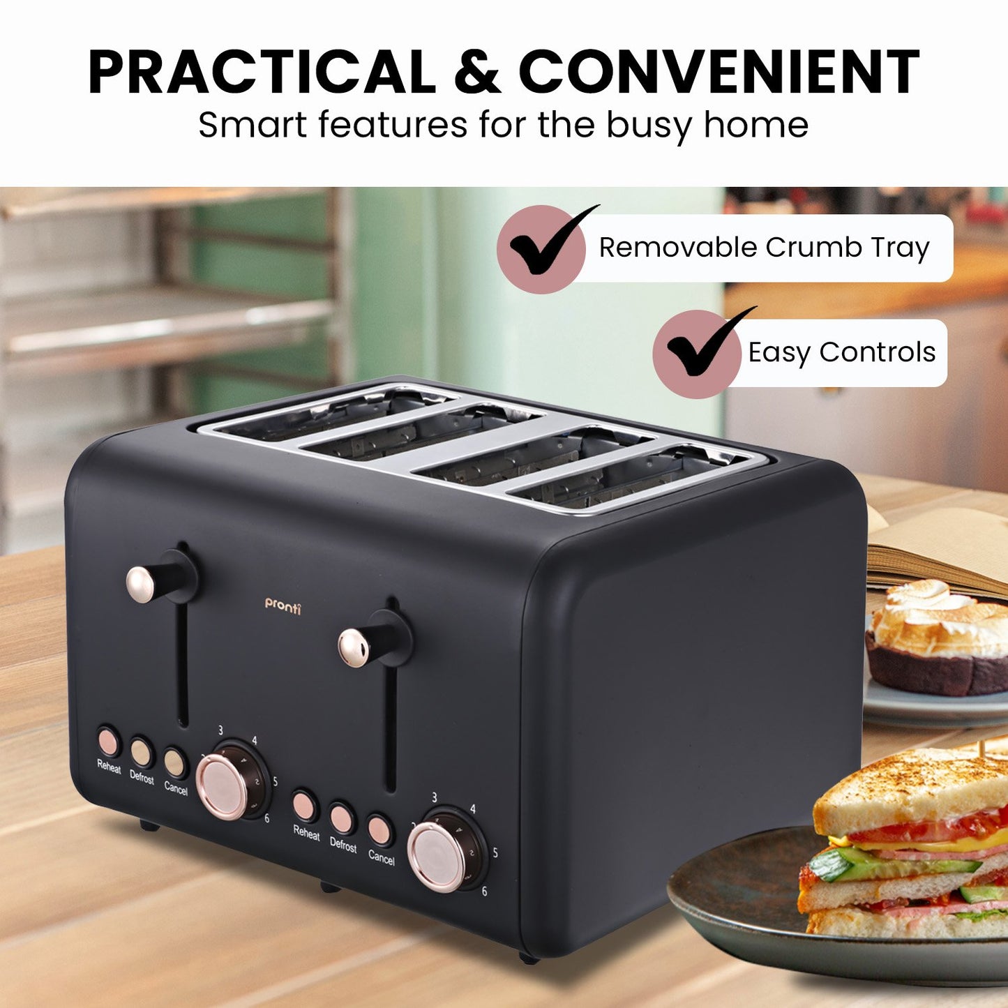 Pronti 4 Slice Toaster Rose Trim Collection - Black