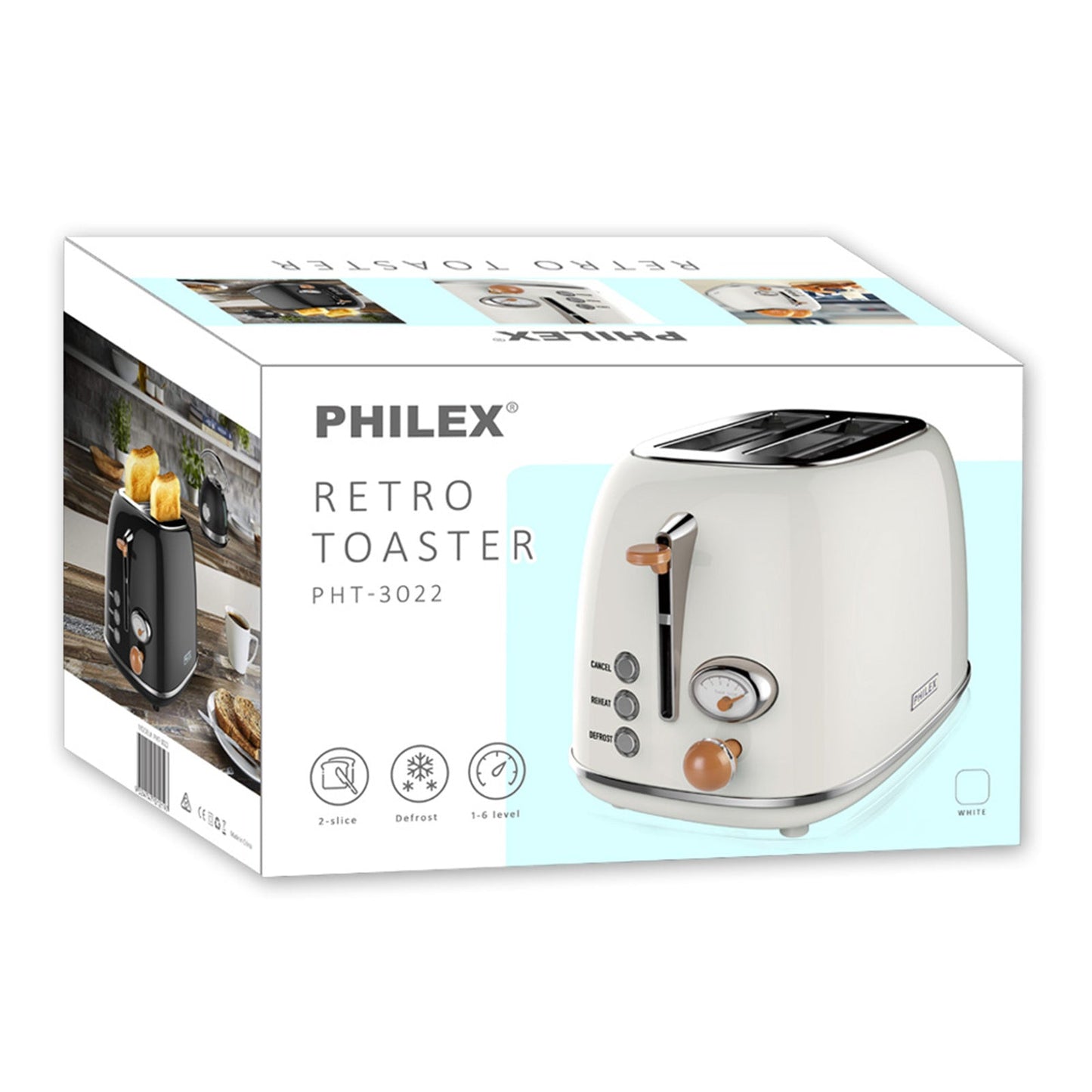 PHILEX 2-Slice Electric Toaster Bread Reheat Defrost Retro Retro OFF-WHITE