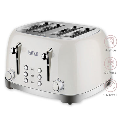 PHILEX 4-Slice Electric Toaster Bread Reheat Defrost Retro Retro OFF-WHITE